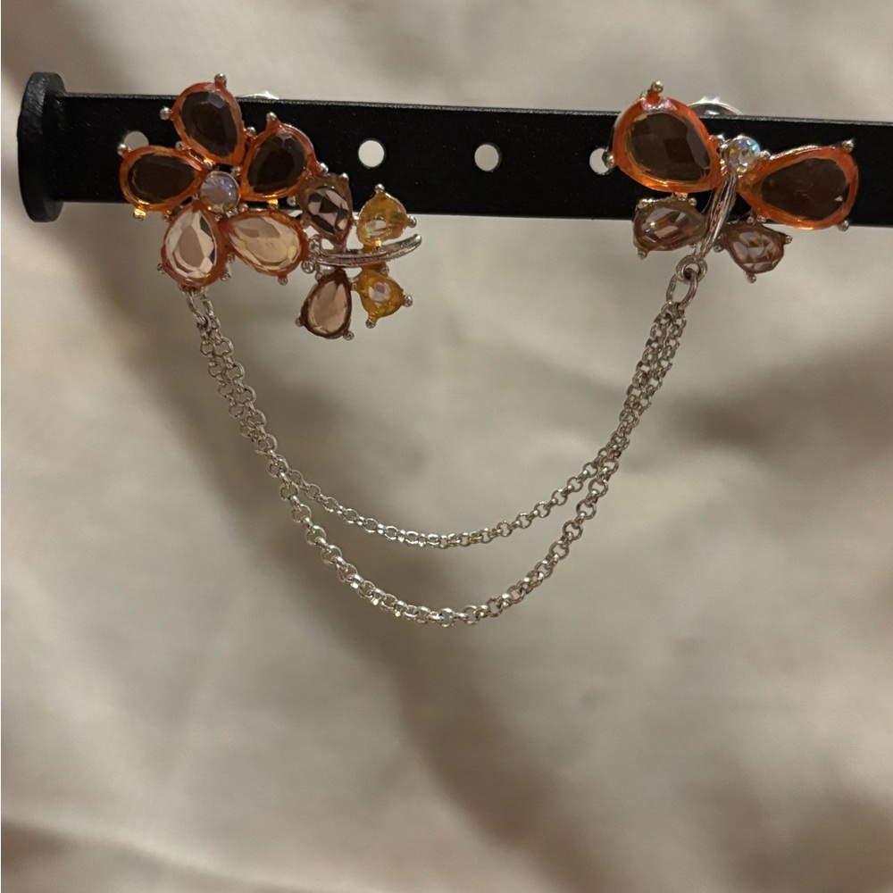 Avon Orange and Brown Floral Brooch with Silver Chain